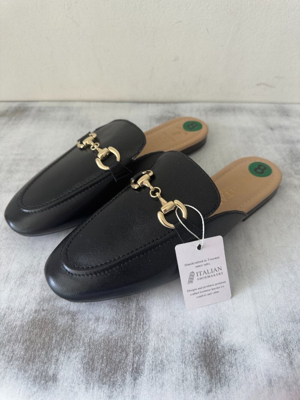 Black Leather Slide Mules with Gold Bit Accent Sz.8